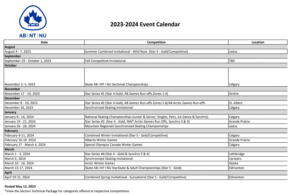 2023 2024 Event Calendar Skate Canada AB NWT Nvt